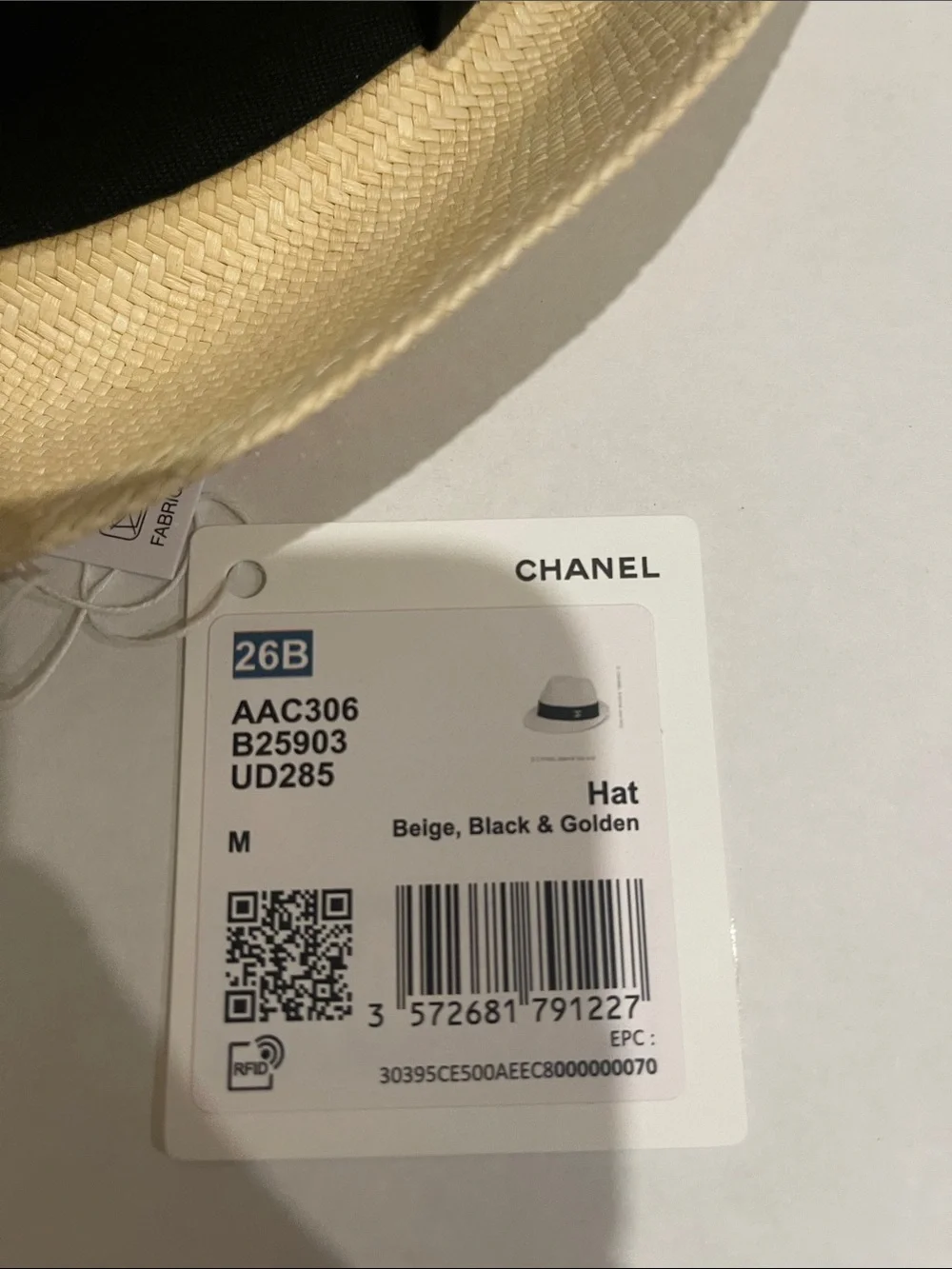 CHANEL Straw Trilby with Black Band and Gold CC Plaque